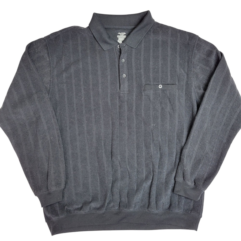 David Taylor Mens XL Black Ribbed Vertical Stripe Long Sleeve Polo Sweater XL